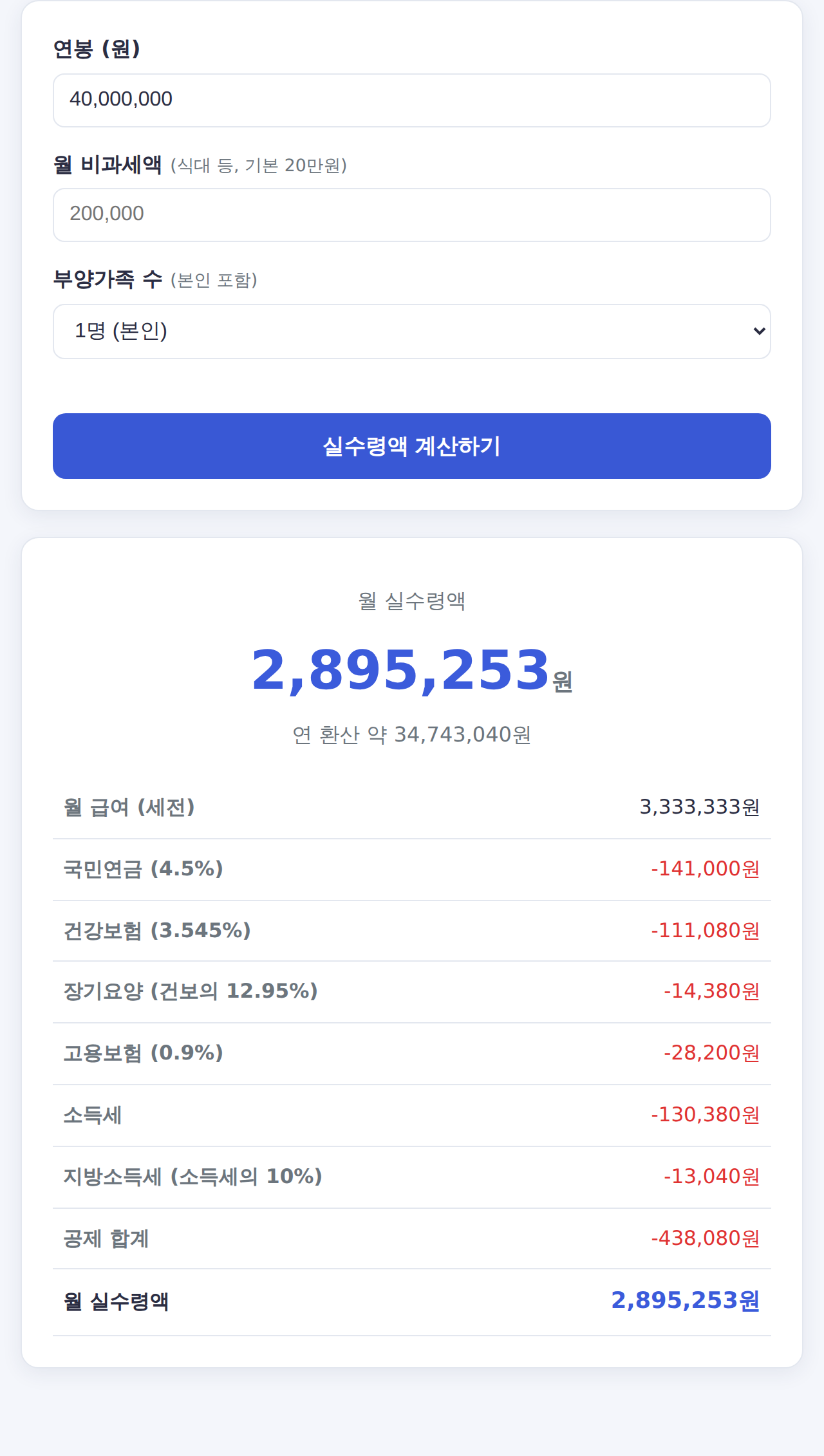 연봉 실수령액 계산기 사용 화면 (고연봉 월 실수령액)